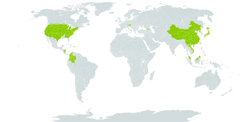 Agastache world distribution map, present in Åland Islands, Austria, China, Colombia, Georgia, Japan, Lao People's Democratic Republic, Malaysia, Nicaragua, Korea (Democratic People's Republic of), Taiwan, Province of China, United States of America, and Viet Nam