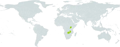 Albertisia exelliana world distribution map, present in Rwanda, Uganda, and Zambia