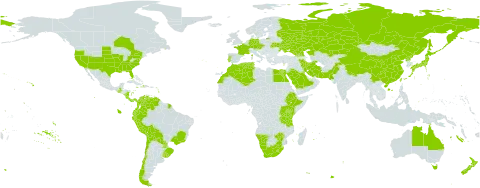 Bromus catharticus world distribution map, present in Åland Islands, Australia, Austria, Bermuda, Bolivia (Plurinational State of), Brazil, Canada, Chile, China, Colombia, Costa Rica, Cyprus, Czech Republic, Germany, Dominica, Algeria, Ecuador, Egypt, Ethiopia, Falkland Islands (Malvinas), France, Georgia, Guatemala, Haiti, Iran (Islamic Republic of), Jamaica, Japan, Kazakhstan, Kenya, Kuwait, Lesotho, Morocco, Namibia, Norfolk Island, Nicaragua, Nepal, New Zealand, Pakistan, Panama, Peru, Palau, Korea (Democratic People's Republic of), Portugal, Paraguay, Réunion, Russian Federation, Rwanda, Saudi Arabia, eSwatini, Tunisia, Taiwan, Province of China, Tanzania, United Republic of, Uganda, Ukraine, Uruguay, United States of America, Venezuela (Bolivarian Republic of), South Africa, and Zimbabwe