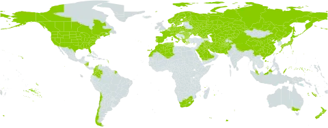 Bromus tectorum world distribution map, present in Afghanistan, Åland Islands, Albania, Australia, Austria, Bulgaria, Canada, Switzerland, Chile, China, Colombia, Cyprus, Czech Republic, Germany, Denmark, Algeria, Spain, Finland, France, Micronesia (Federated States of), Georgia, Greece, Hungary, Iran (Islamic Republic of), Iraq, Italy, Japan, Kazakhstan, Kyrgyzstan, Kuwait, Morocco, Montenegro, Malaysia, Nicaragua, Netherlands, Norway, Nepal, New Zealand, Pakistan, Palau, Poland, Korea (Democratic People's Republic of), Portugal, Romania, Russian Federation, Saudi Arabia, Singapore, Sweden, Turks and Caicos Islands, Turkmenistan, Tunisia, Ukraine, United States of America, Uzbekistan, and South Africa
