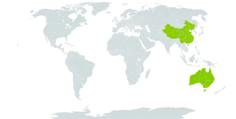 Causonis trifolia world distribution map, present in Australia, China, and United States of America