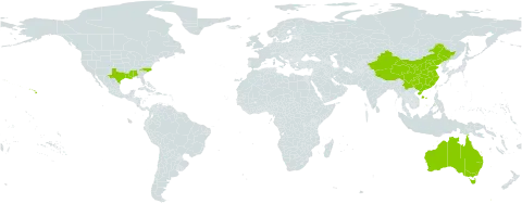 Cayratia world distribution map, present in Australia, China, and United States of America