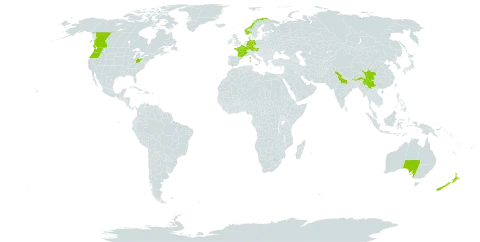 Cotoneaster integrifolius world distribution map, present in Australia, Austria, Bhutan, Canada, China, Germany, France, United Kingdom of Great Britain and Northern Ireland, India, Myanmar, Norway, Nepal, New Zealand, Pakistan, and United States of America