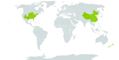 Crotalaria world distribution map, present in China, New Zealand, Panama, and United States of America
