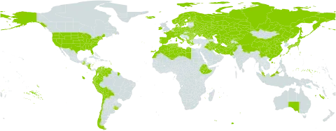Elymus world distribution map, present in Afghanistan, Åland Islands, Albania, Australia, Austria, Bulgaria, Belarus, Bermuda, Bolivia (Plurinational State of), Switzerland, Chile, China, Colombia, Costa Rica, Cyprus, Czech Republic, Germany, Denmark, Algeria, Ecuador, Spain, Ethiopia, Finland, Falkland Islands (Malvinas), France, Micronesia (Federated States of), Georgia, Greece, Guatemala, Hungary, Ireland, Iran (Islamic Republic of), Iraq, Iceland, Italy, Japan, Kazakhstan, Kyrgyzstan, Libya, Morocco, Montenegro, Malaysia, Nicaragua, Netherlands, Norway, Nepal, Pakistan, Peru, Palau, Poland, Korea (Democratic People's Republic of), Portugal, Romania, Russian Federation, Sweden, Turks and Caicos Islands, Turkmenistan, Tunisia, Taiwan, Province of China, Ukraine, Uruguay, United States of America, Uzbekistan, and Venezuela (Bolivarian Republic of)