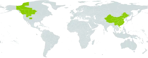 Eutrema salsugineum world distribution map, present in Canada, China, and United States of America
