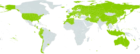 Glyceria world distribution map, present in Afghanistan, Åland Islands, Albania, Australia, Austria, Bulgaria, Belarus, Switzerland, Chile, China, Colombia, Costa Rica, Czech Republic, Germany, Denmark, Algeria, Ecuador, Spain, Finland, France, Micronesia (Federated States of), Georgia, Greece, Guatemala, Hungary, Indonesia, Ireland, Iran (Islamic Republic of), Iraq, Iceland, Italy, Japan, Kazakhstan, Kyrgyzstan, Morocco, Myanmar, Montenegro, Malaysia, Nicaragua, Netherlands, Norway, Nepal, Pakistan, Peru, Palau, Poland, Korea (Democratic People's Republic of), Portugal, Romania, Russian Federation, Sweden, Turks and Caicos Islands, Turkmenistan, Tunisia, Taiwan, Province of China, Ukraine, Uruguay, United States of America, and Uzbekistan