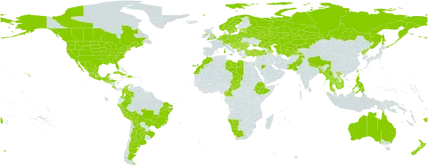 Helianthus annuus world distribution map, present in Albania, Argentina, Australia, Austria, Azerbaijan, Belgium, Bangladesh, Bulgaria, Bosnia and Herzegovina, Belarus, Belize, Bolivia (Plurinational State of), Brazil, Bhutan, Canada, Switzerland, China, Cameroon, Colombia, Costa Rica, Cuba, Czech Republic, Germany, Djibouti, Dominican Republic, Spain, Estonia, Ethiopia, Fiji, France, United Kingdom of Great Britain and Northern Ireland, Equatorial Guinea, Greece, Guatemala, Honduras, Croatia, Haiti, Hungary, India, Israel, Italy, Jamaica, Kazakhstan, Cambodia, Libya, Liechtenstein, Lithuania, Latvia, Morocco, Moldova (Republic of), Mexico, North Macedonia, Myanmar, Montenegro, Mauritius, Namibia, Netherlands, Norway, Nepal, New Zealand, Pakistan, Peru, Philippines, Poland, Puerto Rico, Korea (Democratic People's Republic of), Portugal, Romania, Russian Federation, Saudi Arabia, El Salvador, Saint Pierre and Miquelon, Serbia, Slovakia, Slovenia, Sweden, Chad, Thailand, Tajikistan, Turkmenistan, Turkey, Taiwan, Province of China, Ukraine, United States of America, Uzbekistan, Viet Nam, and South Africa