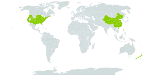 Juglans world distribution map, present in China, New Zealand, and United States of America