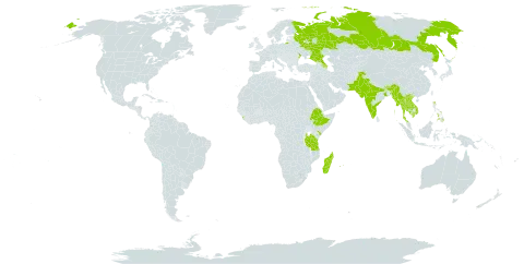 Lablab purpureus subsp. purpureus world distribution map, present in Azerbaijan, Bhutan, Ethiopia, Georgia, India, Kenya, Cambodia, Lao People's Democratic Republic, Sri Lanka, Madagascar, Maldives, Myanmar, Mauritius, Nepal, Pakistan, Philippines, Réunion, Russian Federation, Thailand, Tanzania, United Republic of, Uganda, Ukraine, and Viet Nam