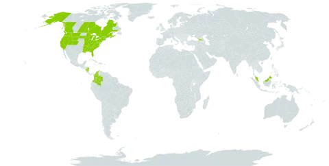 Potamogeton epihydrus world distribution map, present in Åland Islands, Canada, Colombia, France, Micronesia (Federated States of), Georgia, Malaysia, Nicaragua, and United States of America