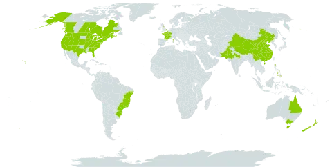 Raphanus raphanistrum subsp. sativus world distribution map, present in Australia, Brazil, Canada, China, France, United Kingdom of Great Britain and Northern Ireland, India, Iceland, New Zealand, Pakistan, Philippines, and United States of America