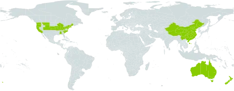 Reseda world distribution map, present in Australia, China, New Zealand, and United States of America