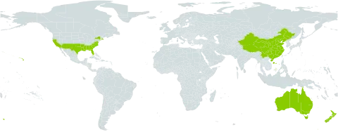 Salvinia world distribution map, present in Australia, China, New Zealand, and United States of America