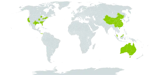 Sesamum world distribution map, present in Australia, China, Malaysia, Panama, and United States of America