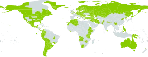 Spergula arvensis world distribution map, present in Angola, Albania, Argentina, Armenia, Australia, Austria, Azerbaijan, Belgium, Bulgaria, Bosnia and Herzegovina, Belarus, Bolivia (Plurinational State of), Brazil, Bhutan, Canada, Switzerland, Chile, China, Colombia, Costa Rica, Czech Republic, Germany, Denmark, Algeria, Ecuador, Eritrea, Spain, Estonia, Ethiopia, Finland, Falkland Islands (Malvinas), France, United Kingdom of Great Britain and Northern Ireland, Georgia, Gibraltar, Greece, Greenland, Guatemala, Croatia, Hungary, India, Iran (Islamic Republic of), Iraq, Iceland, Israel, Italy, Jamaica, Japan, Kazakhstan, Kenya, Kyrgyzstan, Lebanon, Liberia, Liechtenstein, Sri Lanka, Lesotho, Lithuania, Luxembourg, Latvia, Morocco, Mexico, North Macedonia, Malta, Montenegro, Netherlands, Norway, Nepal, New Zealand, Pakistan, Panama, Peru, Philippines, Papua New Guinea, Poland, Korea (Democratic People's Republic of), Portugal, Paraguay, Réunion, Romania, Russian Federation, Saint Pierre and Miquelon, Serbia, Slovakia, Sweden, Turkey, Tanzania, United Republic of, Ukraine, Uruguay, United States of America, South Africa, and Zimbabwe
