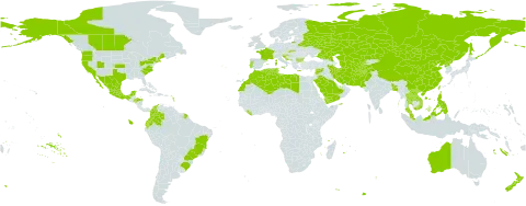 Spinacia oleracea world distribution map, present in Afghanistan, Australia, Bangladesh, Bulgaria, Belarus, Brazil, Canada, China, Colombia, Cayman Islands, Algeria, Ecuador, Spain, France, Greece, Guam, Honduras, Croatia, India, Iran (Islamic Republic of), Italy, Kazakhstan, Lao People's Democratic Republic, Lebanon, Liberia, Libya, Morocco, Mexico, Montenegro, Mongolia, Malaysia, New Zealand, Pakistan, Philippines, Korea (Democratic People's Republic of), Portugal, Russian Federation, Saudi Arabia, Slovakia, Slovenia, Syrian Arab Republic, Thailand, Tajikistan, Turkmenistan, Tunisia, Taiwan, Province of China, United States of America, Uzbekistan, Viet Nam, and Yemen