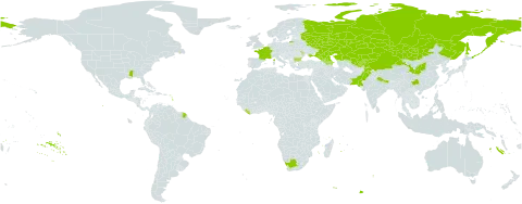 Spiraea hypericifolia world distribution map, present in Armenia, Azerbaijan, Belgium, Bulgaria, China, France, Georgia, India, Kazakhstan, Kyrgyzstan, Liberia, Moldova (Republic of), Mongolia, Nepal, Pakistan, Russian Federation, Tajikistan, Ukraine, United States of America, Uzbekistan, and South Africa