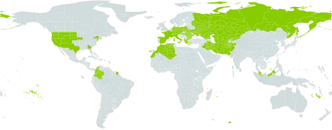 Thinopyrum intermedium world distribution map, present in Afghanistan, Albania, Austria, Bulgaria, Switzerland, Colombia, Czech Republic, Germany, Algeria, Spain, France, Georgia, Greece, Hungary, Iran (Islamic Republic of), Iraq, Italy, Kazakhstan, Kyrgyzstan, Morocco, Malaysia, Pakistan, Poland, Romania, Russian Federation, Turks and Caicos Islands, Turkmenistan, Ukraine, United States of America, and Uzbekistan