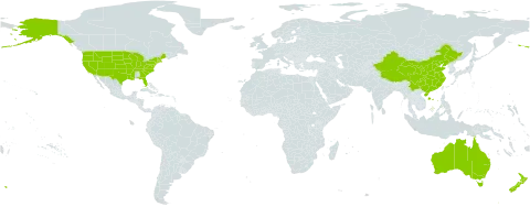 Thlaspi world distribution map, present in Australia, China, New Zealand, and United States of America