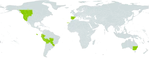 Triglochin scilloides world distribution map, present in Australia, Bolivia (Plurinational State of), Brazil, Canada, Ecuador, Spain, Peru, Portugal, and United States of America