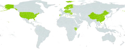 Vicia villosa subsp. villosa world distribution map, present in Albania, Austria, Belgium, Bulgaria, Switzerland, China, Czech Republic, Germany, Denmark, Spain, Finland, France, Greece, Hungary, Italy, Kenya, Netherlands, Norway, Poland, Portugal, Romania, Slovakia, Sweden, and United States of America